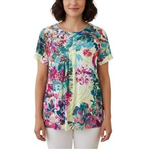 Soft Surroundings Vibrant Floral Short Sleeve Pleated Front Keyhole Top Medium